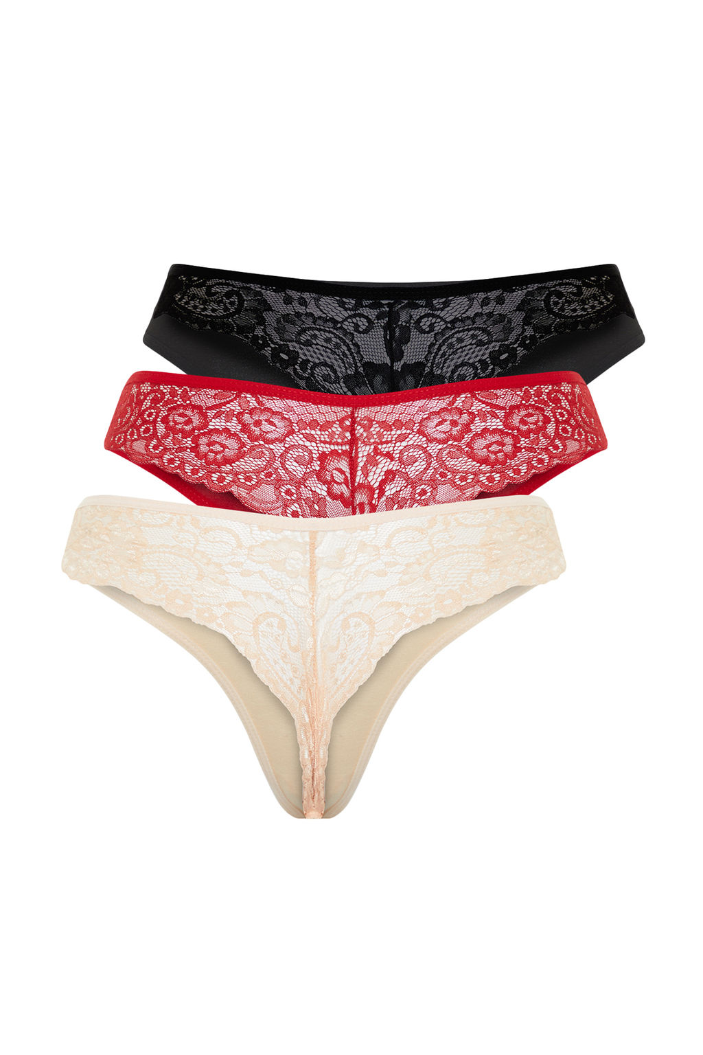 TRENDYOLMILLA Siyah-K?rm?z?-Ten 3lu Paket Pamuklu Dantel Detayl? Tanga Orme Kulot THMAW21KU0012  фото 42