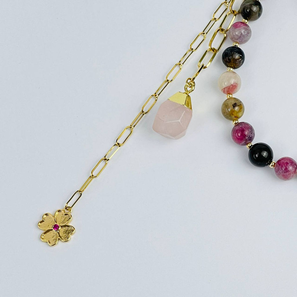 Брелок из Турмалина микс и Розового кварца - Радуга самоцветов фото 2