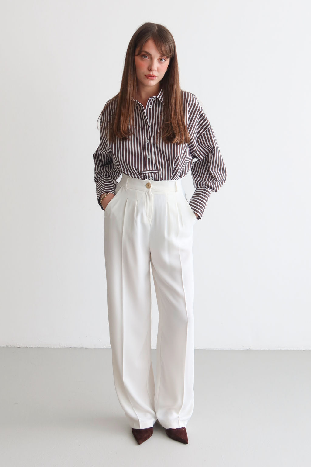 Beyaz Yuksel Bel Genis Paca Dokuma Pantolon TWOAW26PL00161