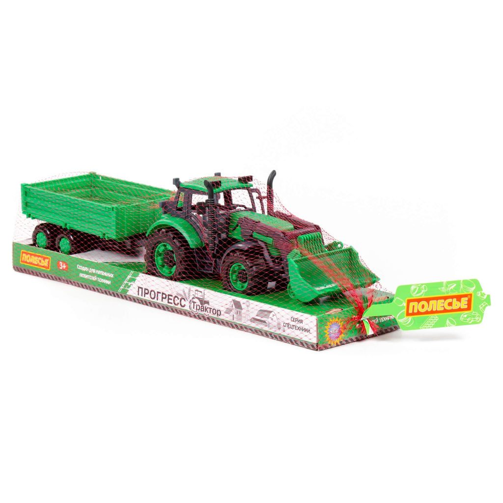 Трактор Прогресс с бортовым прицепом и ковшом инерционный (зелёный) (в лотке) - Полесье фото 9