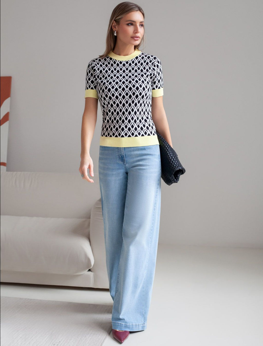 Джемпер с коротким рукавом жаккардовой вязки с принтом ромб