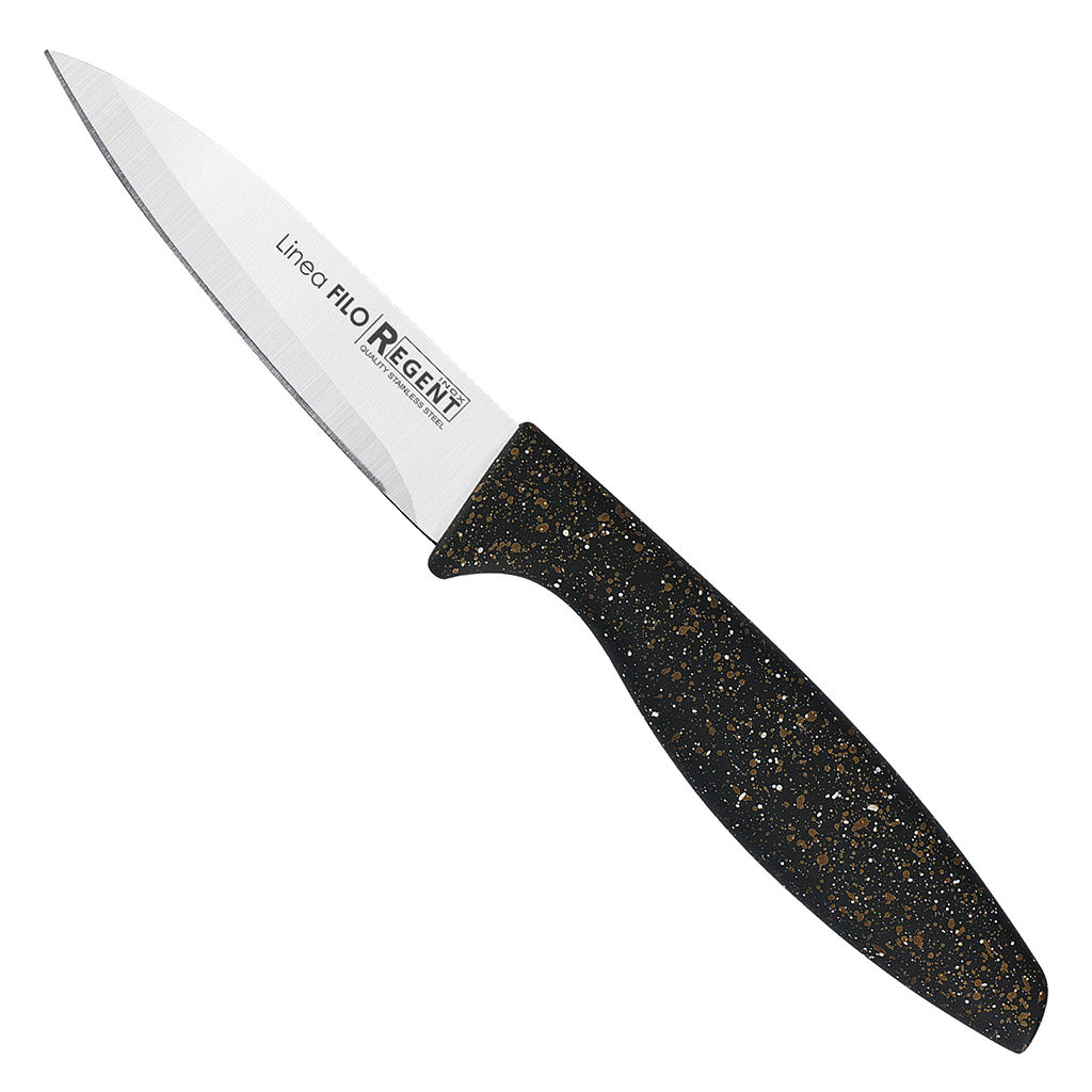 Нож кухонный для овощей Filo 9см из нержавеющей стали, ширина 1,5см, длина 20см, пластмассовая ручка с покрытием soft-touch, ПВХ чехол-повес, Regent (Китай)