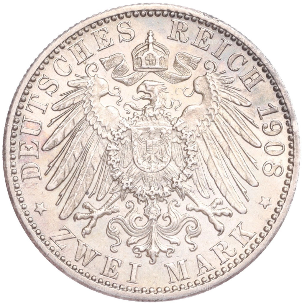 2 марки 1908 года F Германия (Вюртемберг)