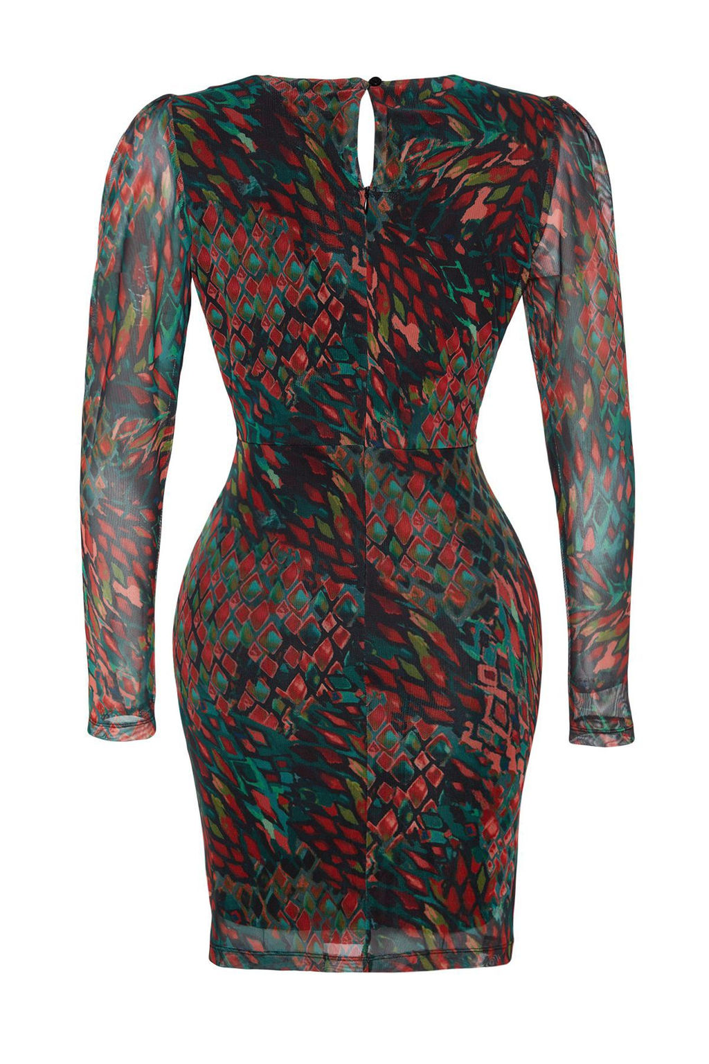 TRENDYOLMILLA Siyah Bask?l? Tul Buzgu/Drape Detayl? Vucuda Oturan V Yaka Mini Orme Kalem Elbise TWOAW24EL00548  фото 7