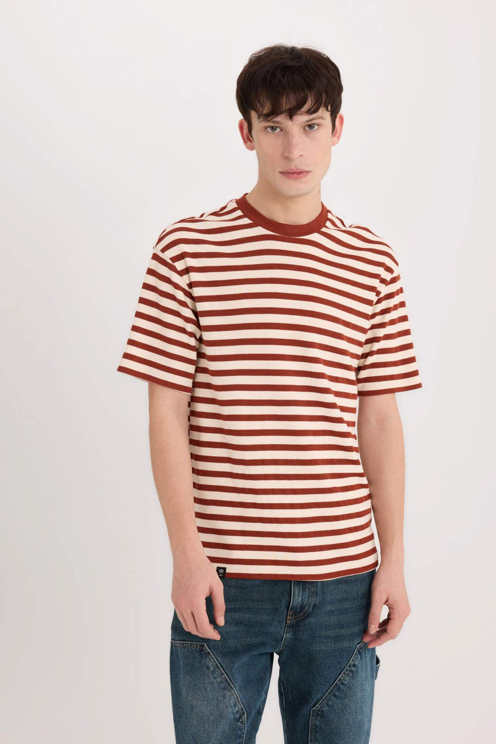 Comfort Regular Fit Rahat Kal?p Bisiklet Yaka Cizgili K?sa Kollu Ag?r Kumas Tisort - Defacto фото 12