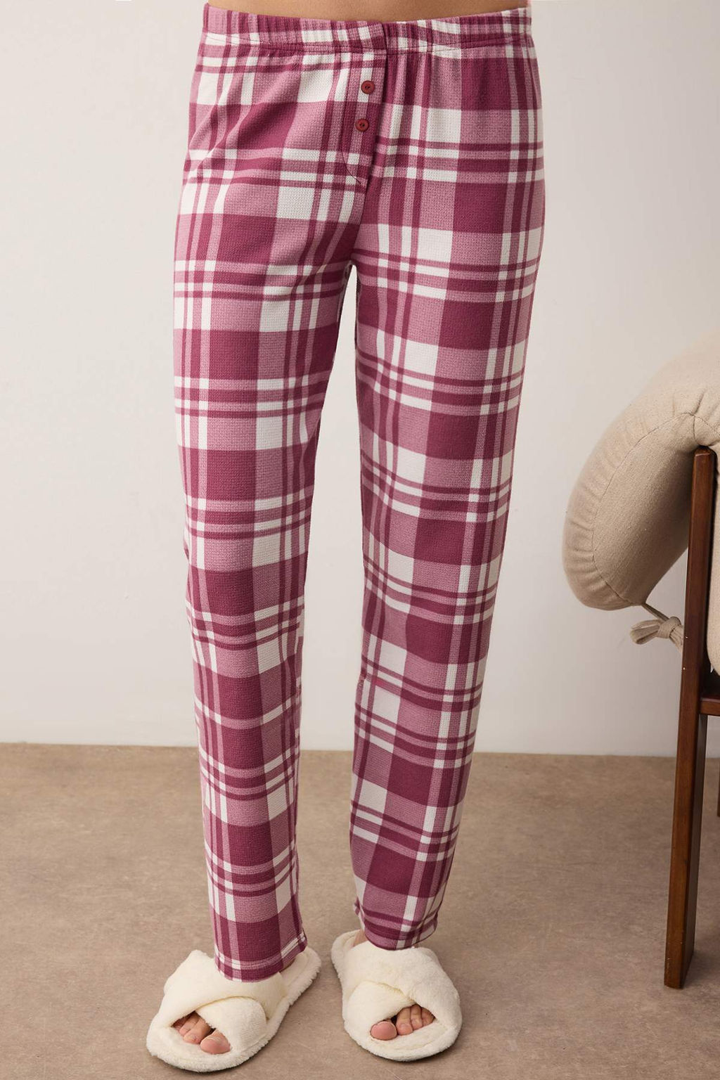 Beyaz-Bordo Fermuarl? Yumusak K?sl?k Waffle Orme Pijama Tak?m? THMAW26PT00186