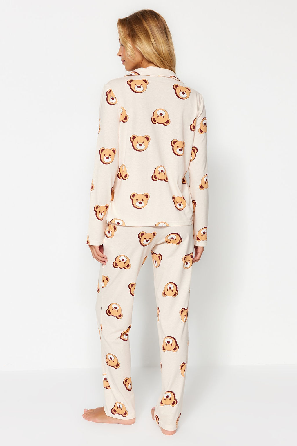 Trendyolmilla Ekru %100 Pamuklu Ay?c?kl? Gomlek-Pantolon Orme Pijama Tak?m? THMAW24PT00002 фото 14