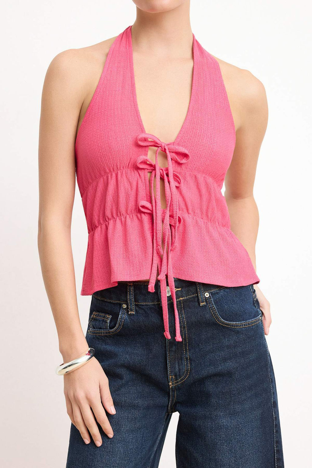 Fusya Bask?l? V Yaka Baglama Detayl? Orme Bluz TWOSS25BZ00227