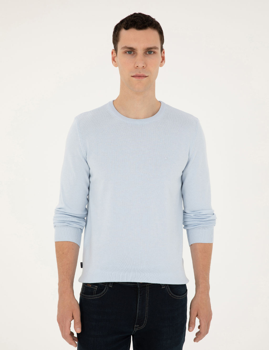 A__k Mavi Slim Fit Bisiklet Yaka Basic Triko Kazak