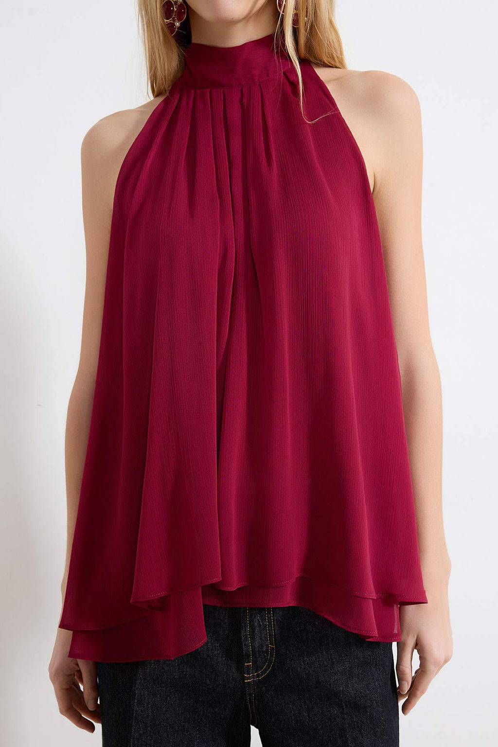 Visne Yakas? Baglama Detayl? Ucus Ucus Astarl? Sifon Dokuma Bluz TWOSS26BZ00328