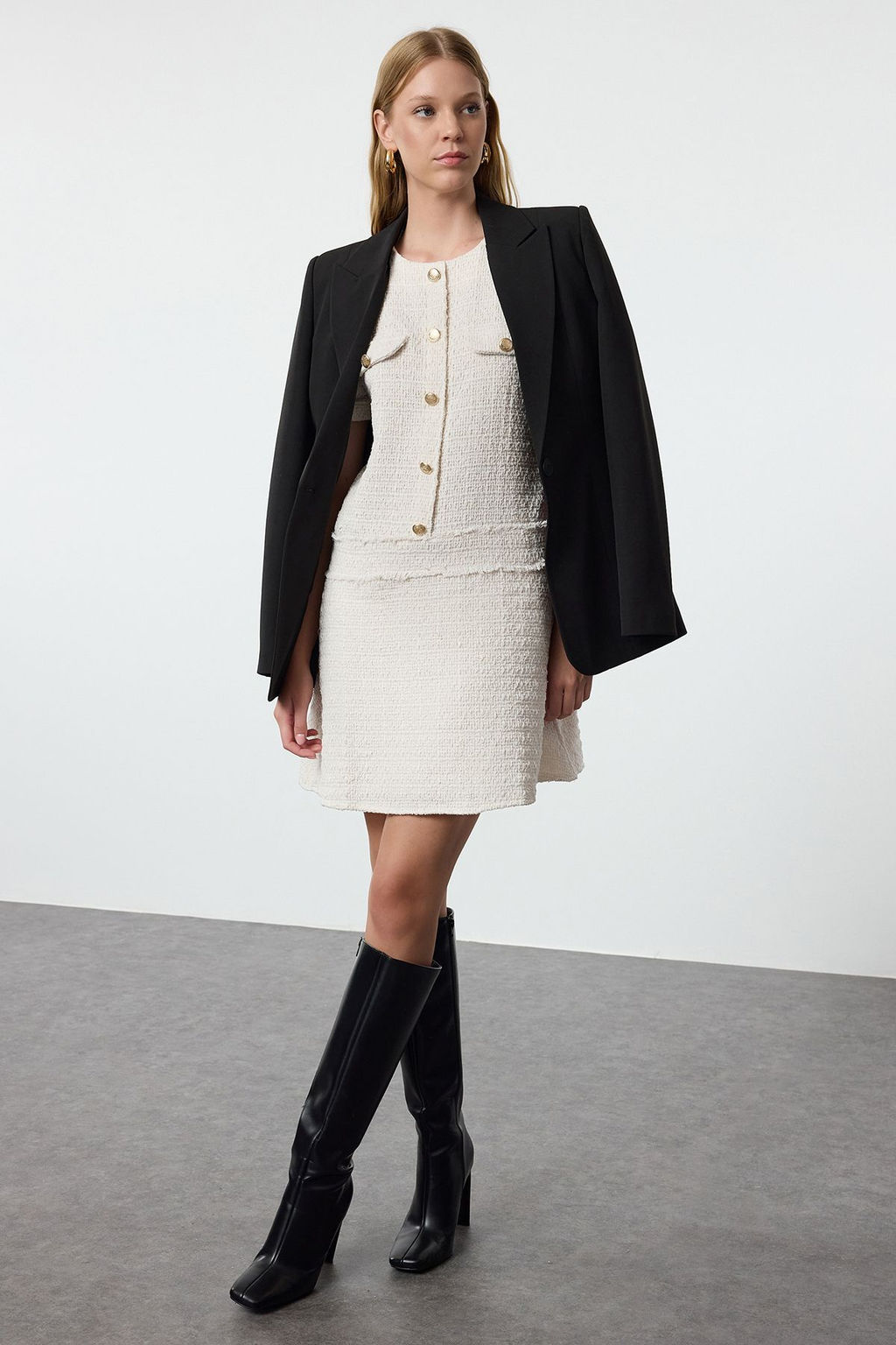 TRENDYOLMILLA Lacivert A Kesim Dugme Detayl? Mini Tuvit Dokuma Elbise TWOAW25EL00168  фото 7