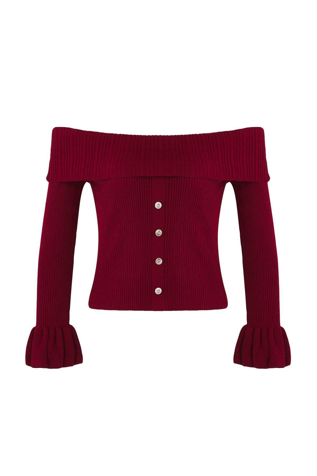 Bordo Fitted/Vucuda Oturan Carmen Yaka Fitilli Triko Kazak TWOAW26KZ00010 - Trendyolmilla фото 5