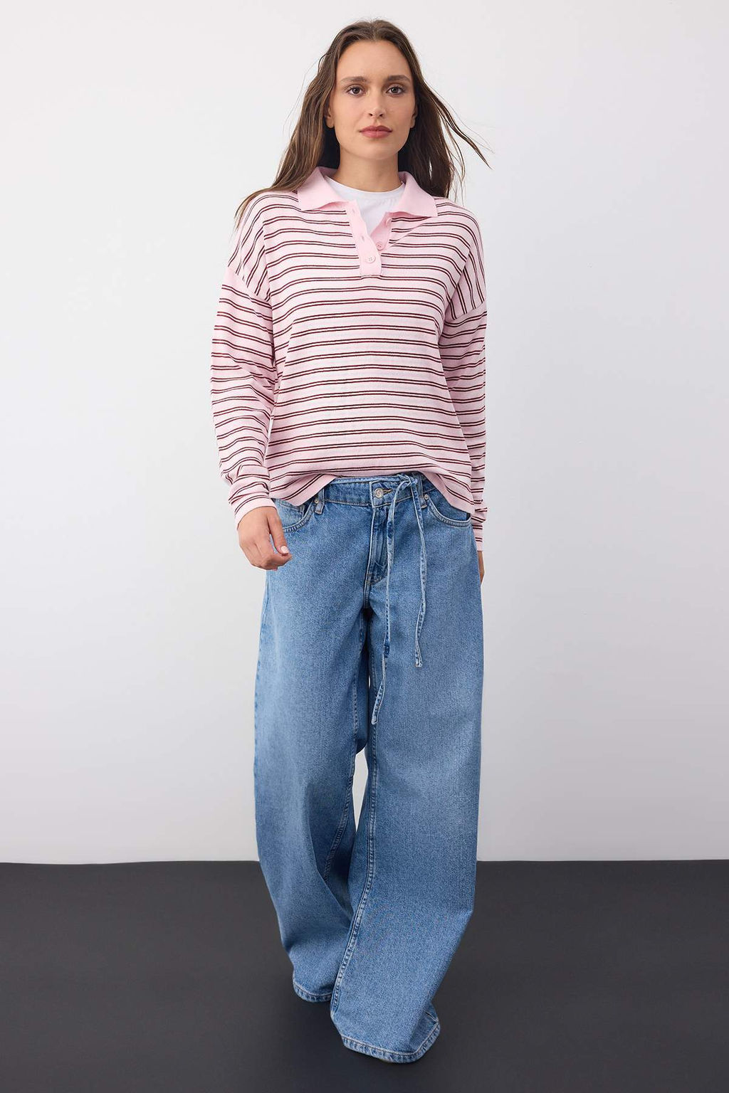 Wardrobe Essentials Pembe Premium Iplik/Ozel Iplikli Genis Kal?p Cizgili Triko Kazak TWOAW26KZ00195 - Trendyolmilla фото 2