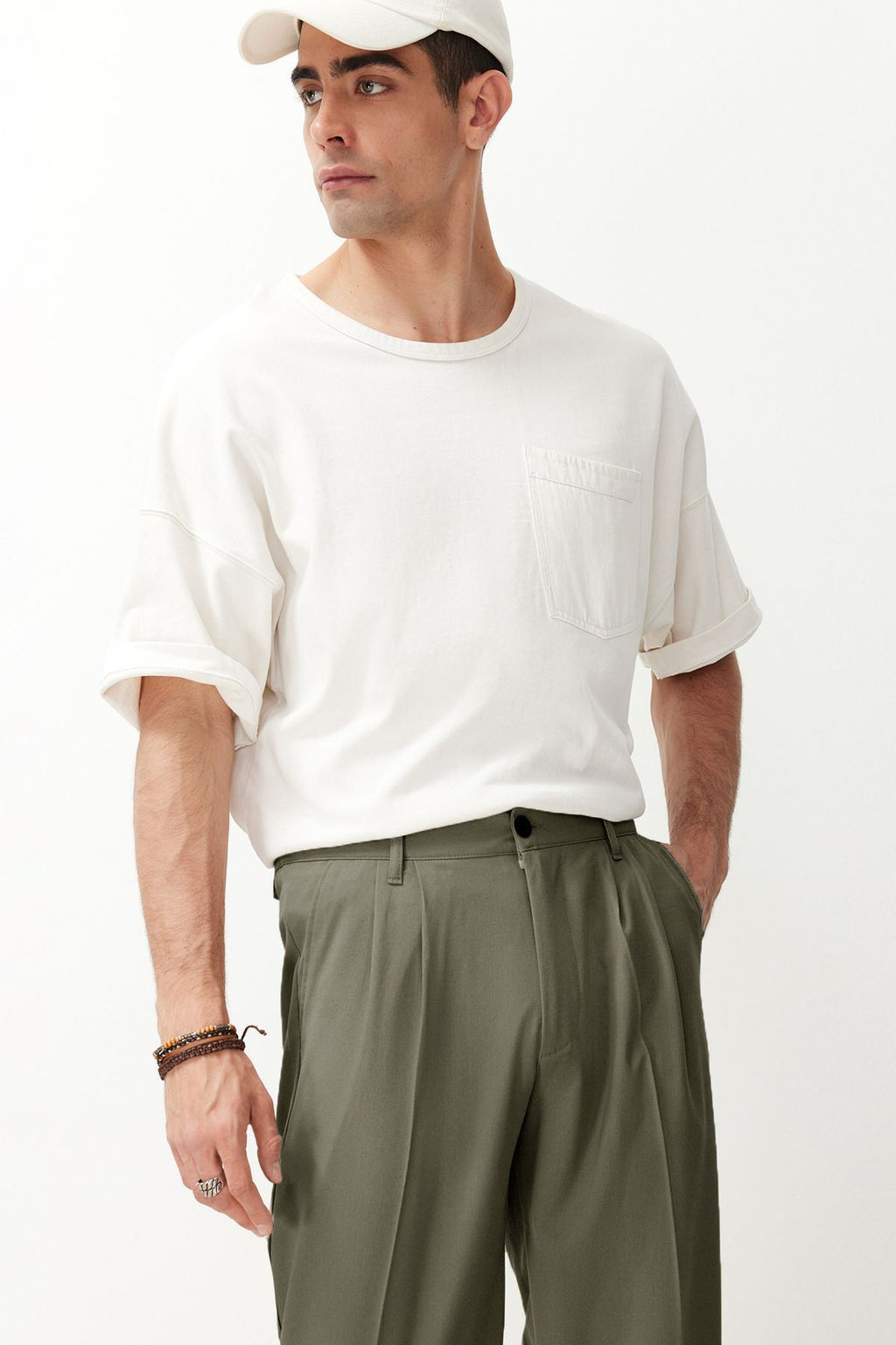 Haki Pileli Klasik Baggy Fit Kumas Pantolon TMNSS24PL00024