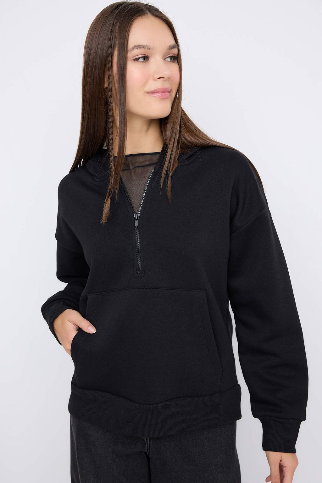 Teen Bordo Kapusonlu Kal?n Ici Polarl? Yar?m Pat Fermuarl? Cepli Orme Sweatshirt TWOAW26SW00160 - Trendyolmilla фото 7