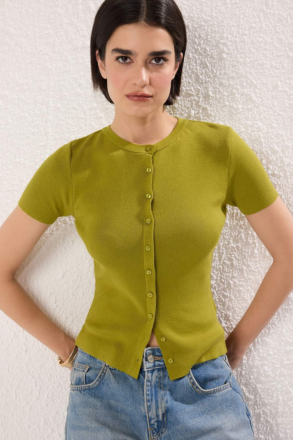 Yag Yesili Bisiklet Yaka Triko Ince Bluz TWOSS25BZ00300