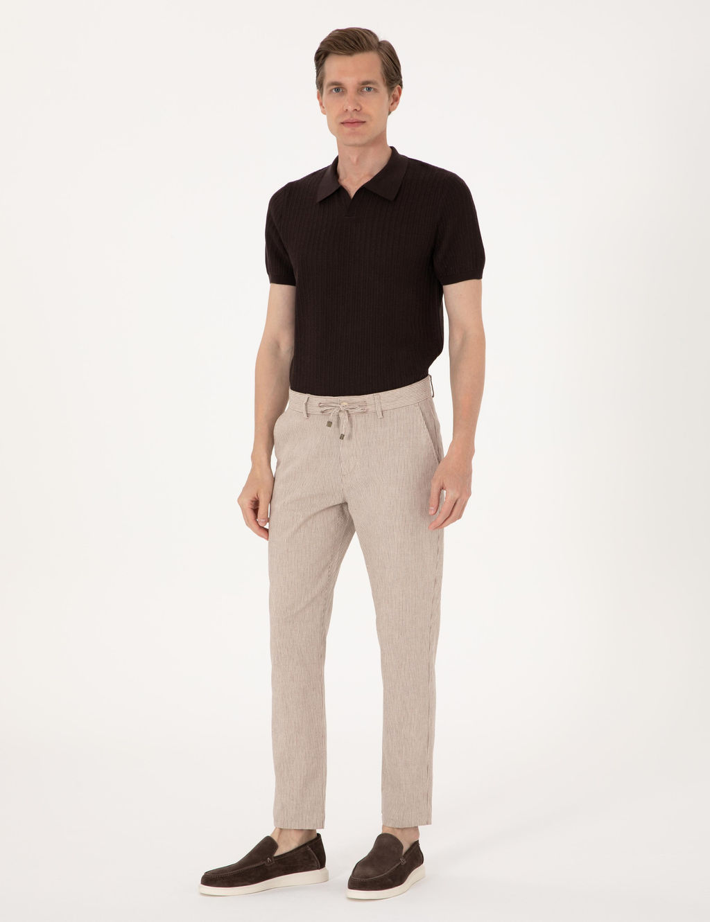 Bej Slim Fit Keten Kar___ml_ Beli _pli _izgili Kanvas Pantolon
