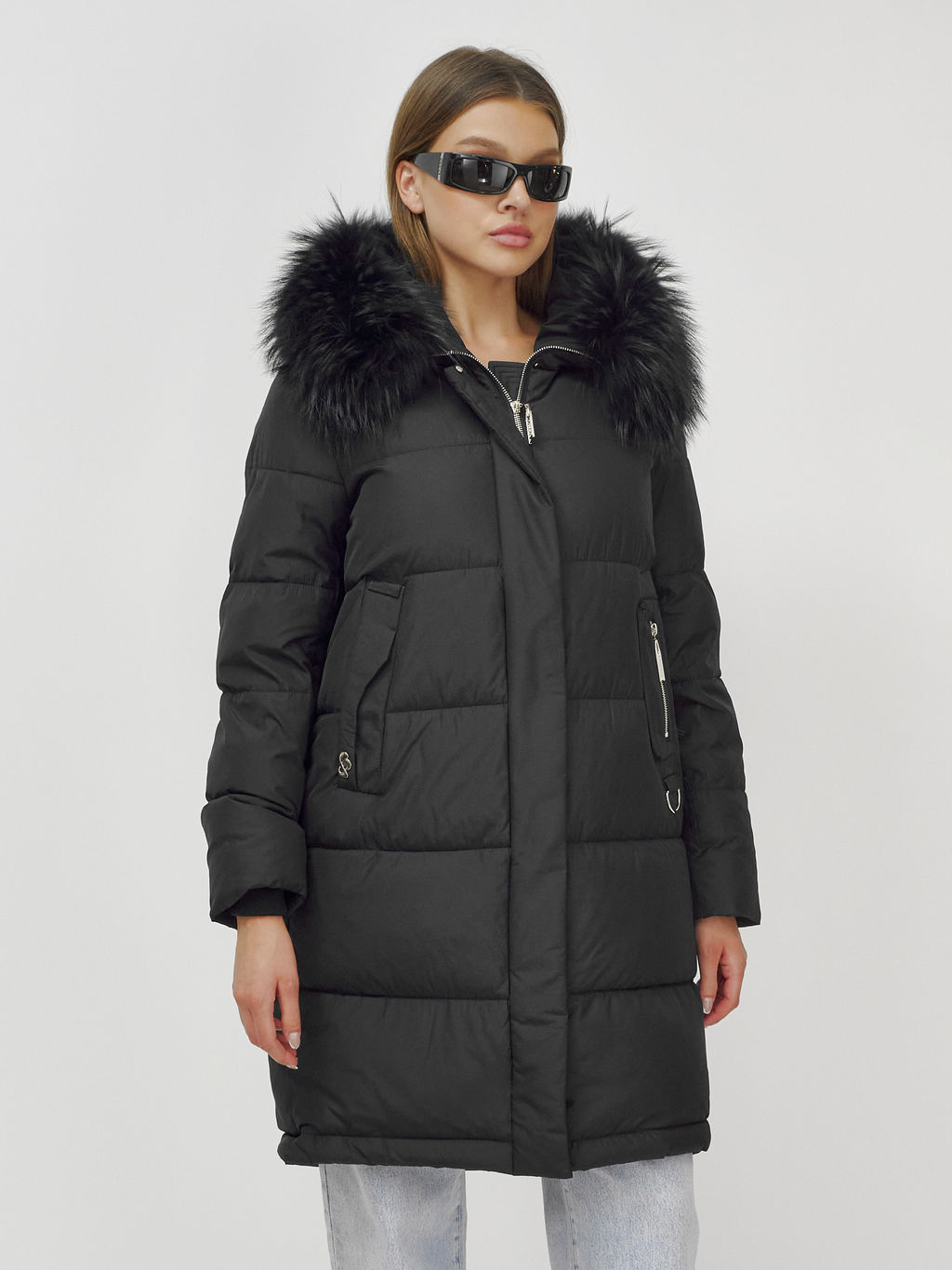 Куртка Бренд Visdeer  ПРЕМИУМ КЛАССА зимняя с мехом ЕНОТА, черного цвета  фото 20