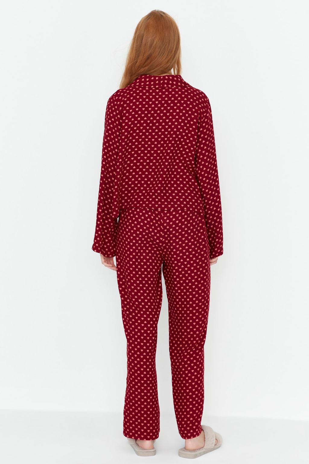 Bordo Kalpli Baglama Detayl? Viskon Dokuma Pijama Tak?m? THMAW22PT0300