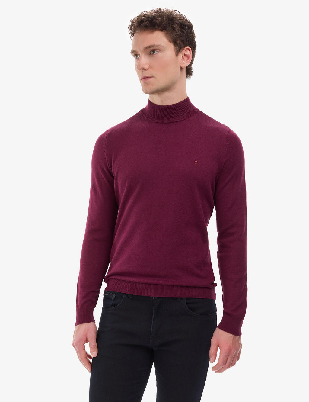 Bordo Slim Fit Yar_m Bal_k__ Yaka Basic Triko Kazak