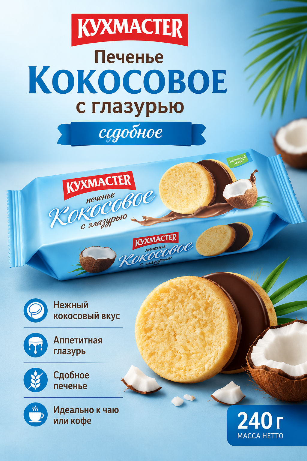 Печенье Кухмастер Кокосовое с глазурью сдобное 240 г фото 2