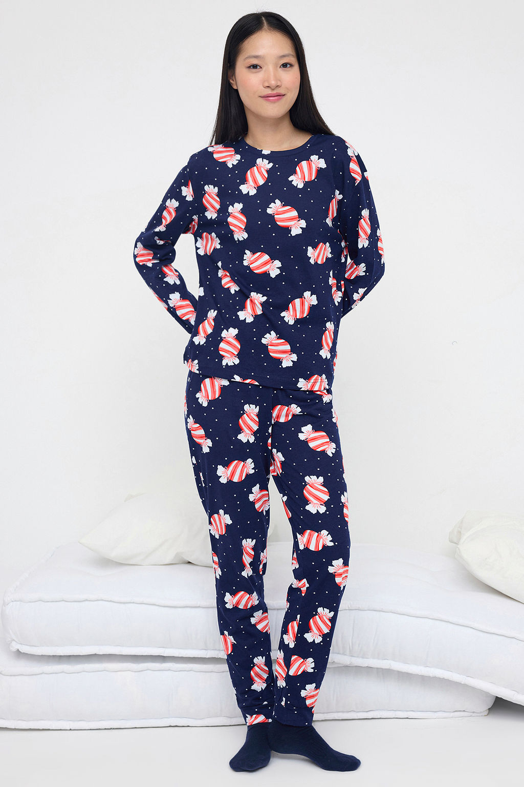 Teen Lacivert %100 Pamuklu Eglenceli Seker Bask?l? Orme Pijama Tak?m? THMAW26PT00018