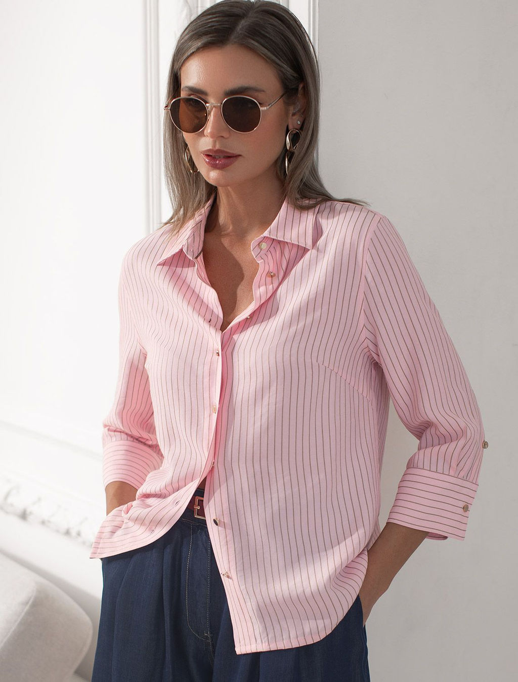 Блузка свободного силуэта в полоску с рукавом 3/4 из эластичного хлопка - Vilatte фото 7