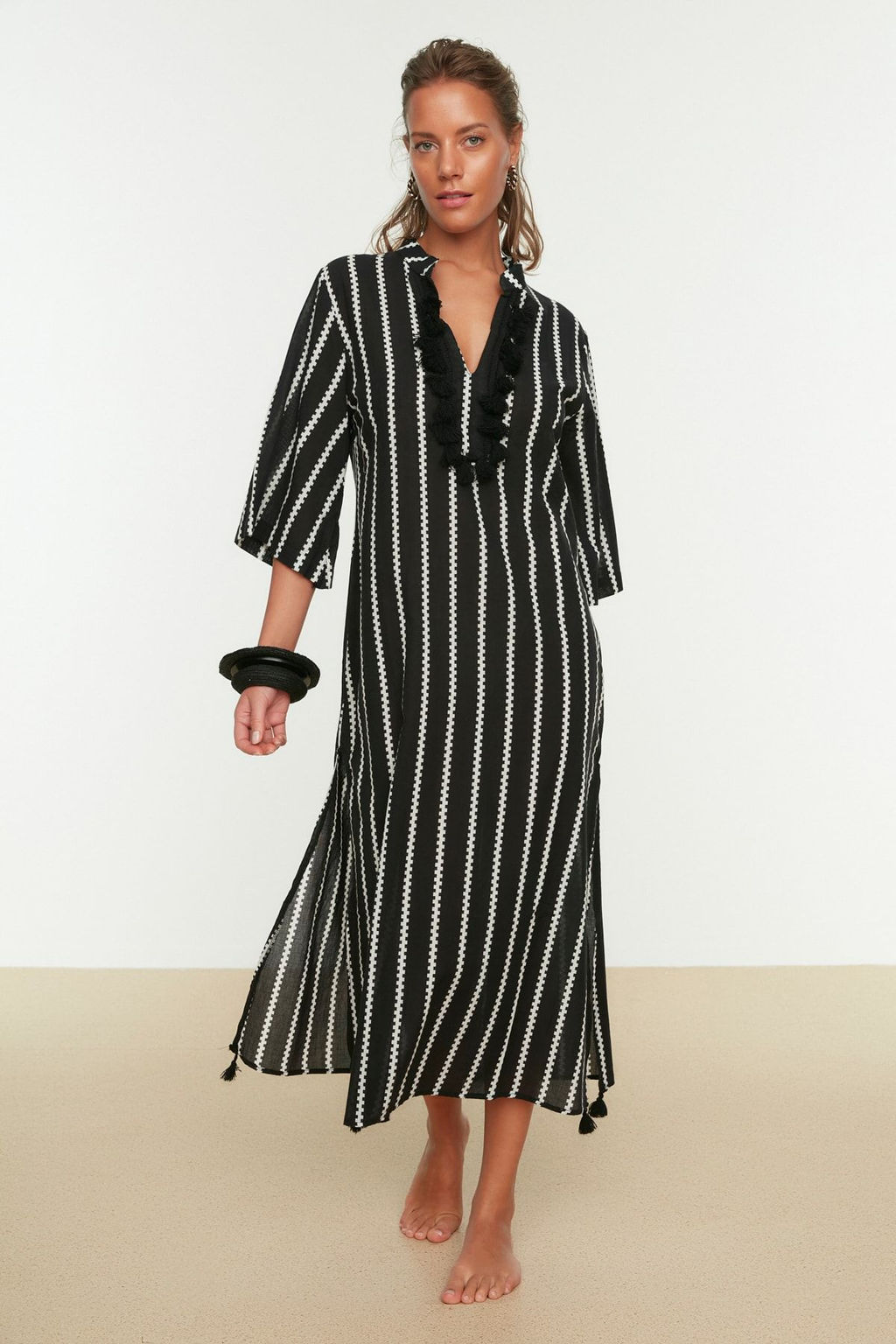 Siyah Cizgili Maxi Dokuma %100 Pamuk Puskullu Plaj Kimono&Kaftan TBESS20KM0024