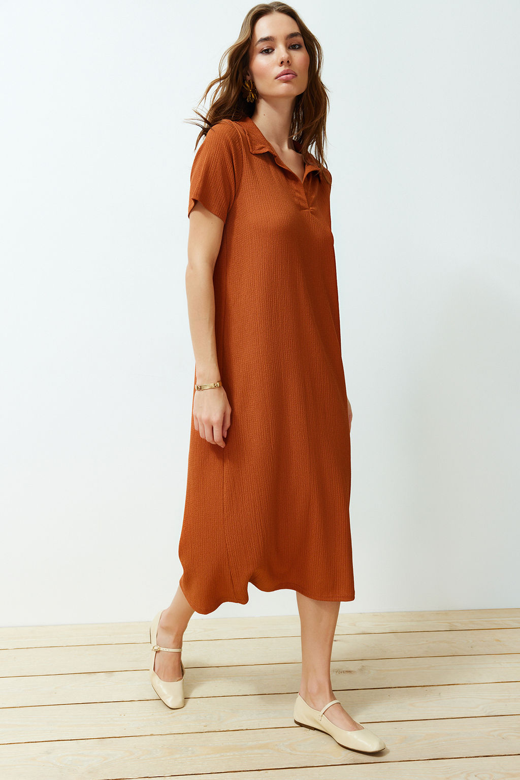 Murdum Polo Yaka K?sa Kol Midi Burumcuk/Dokulu Orme Elbise TWOSS24EL00478 - Trendyolmilla фото 11