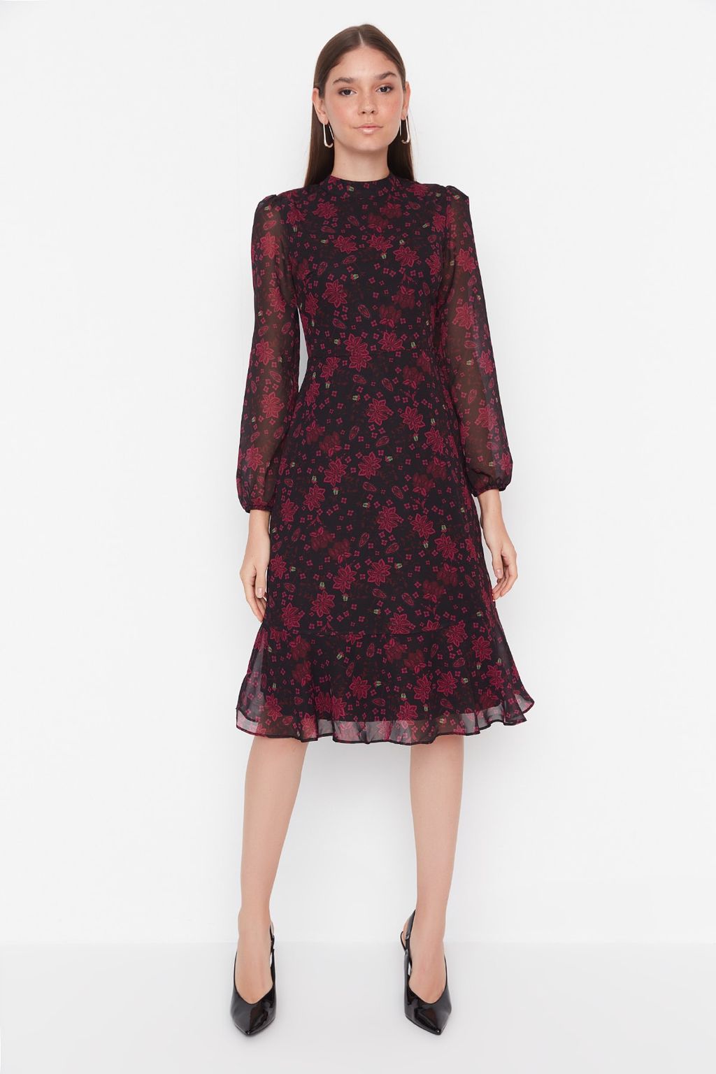 Pembe Cicekli A Kesim Dik Yaka Midi Astarl? Sifon Dokuma K?sl?k Elbise TWOAW20EL1313