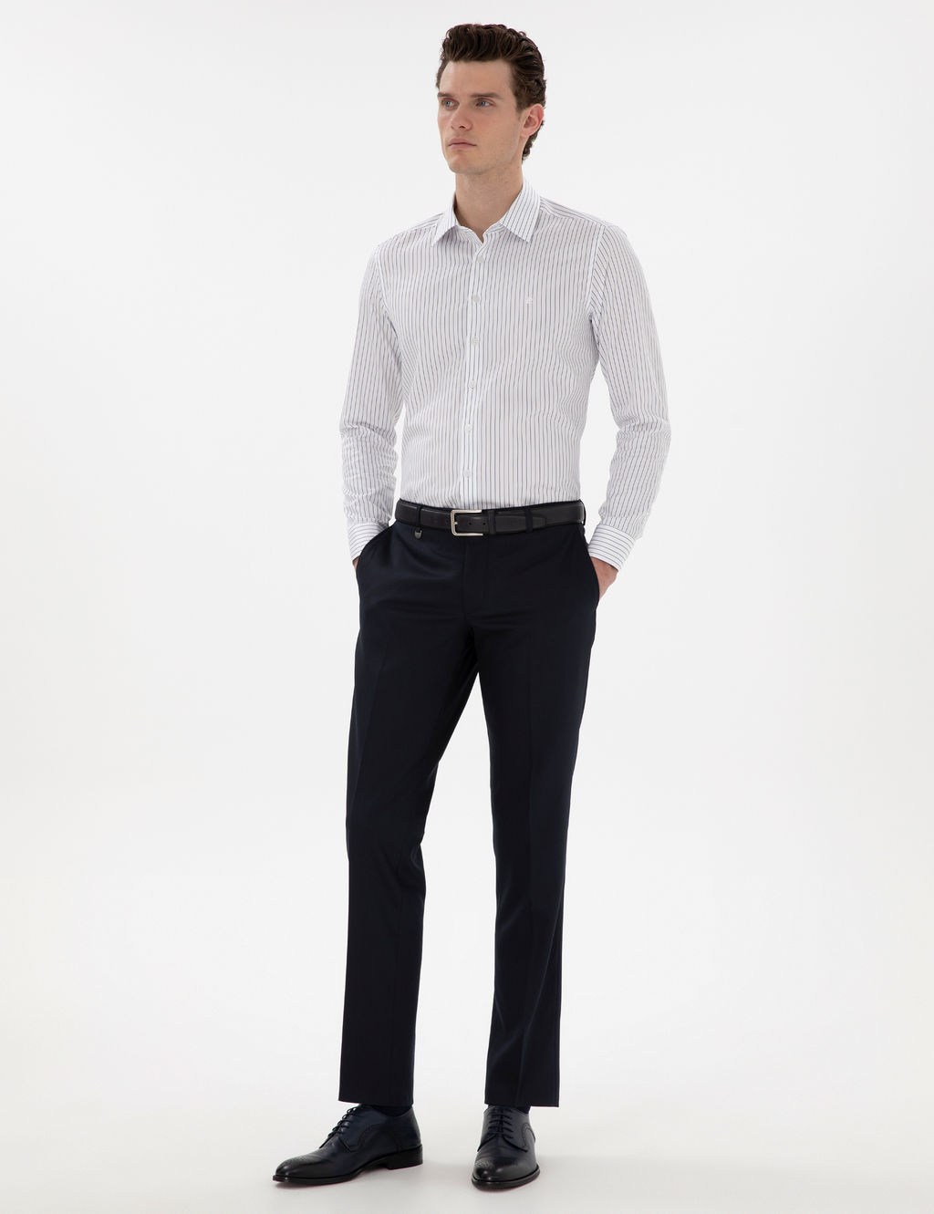 Lacivert Slim Fit _izgili Uzun Kollu G_mlek