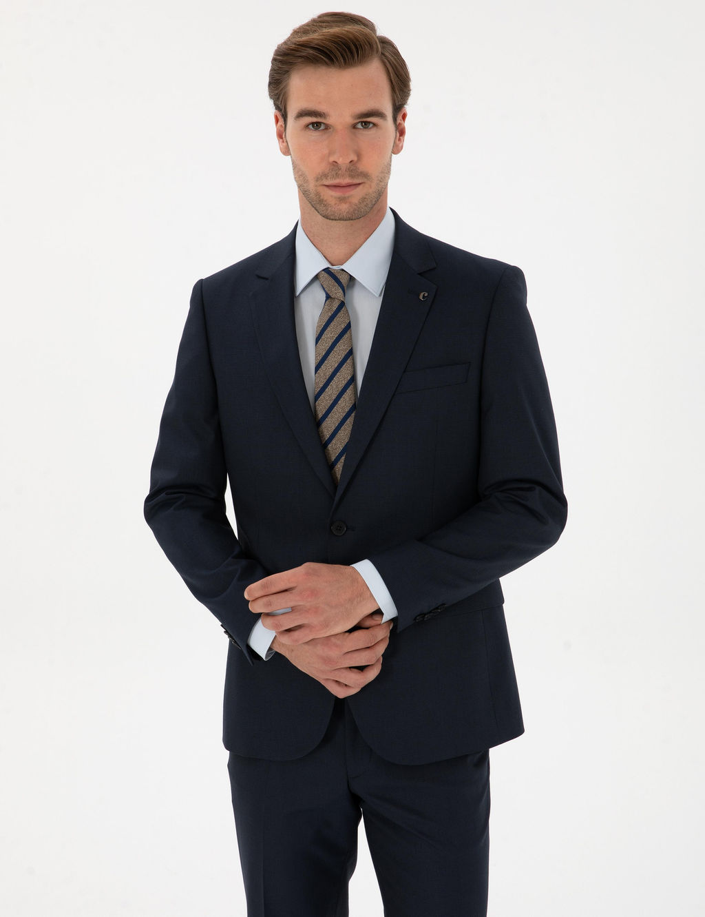 Lacivert Slim Fit Mikro Desenli Mono Yaka Tak_m Elbise - Cacharel фото 3