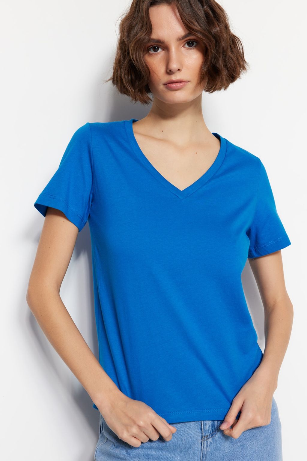 Turuncu-Saks %100 Pamuk 2li Paket Basic V Yaka Orme T-Shirt TWOSS23TS00002