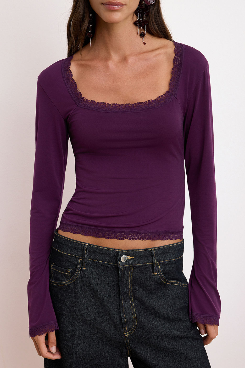 Murdum Duz Kare Yaka Uzun Orme Sandy Party Bluz TPRAW26BZ00045