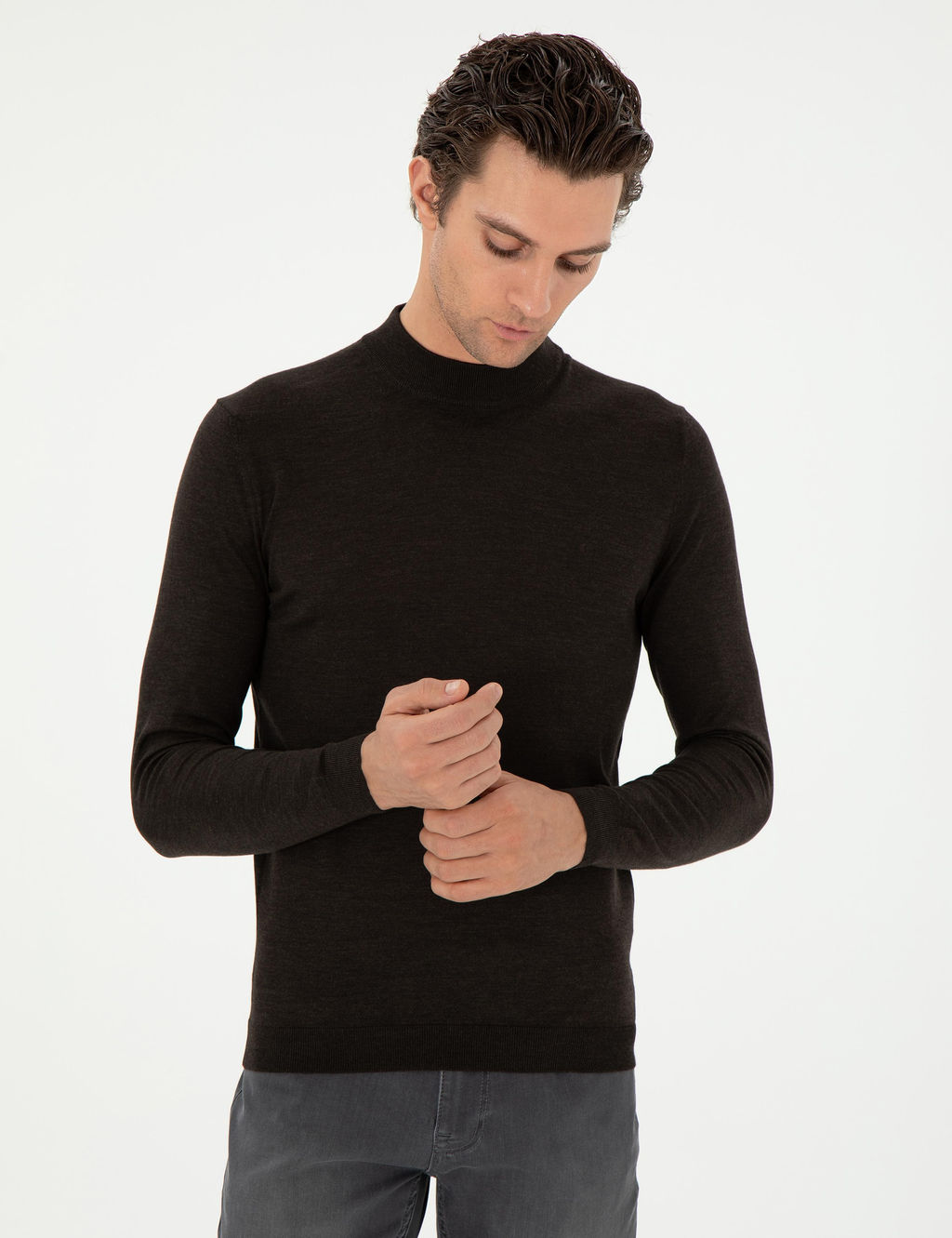 Koyu Ye_il Slim Fit Ka_mir _pek Kar___ml_ _eyrek Bal_k__ Yaka Triko Kazak
