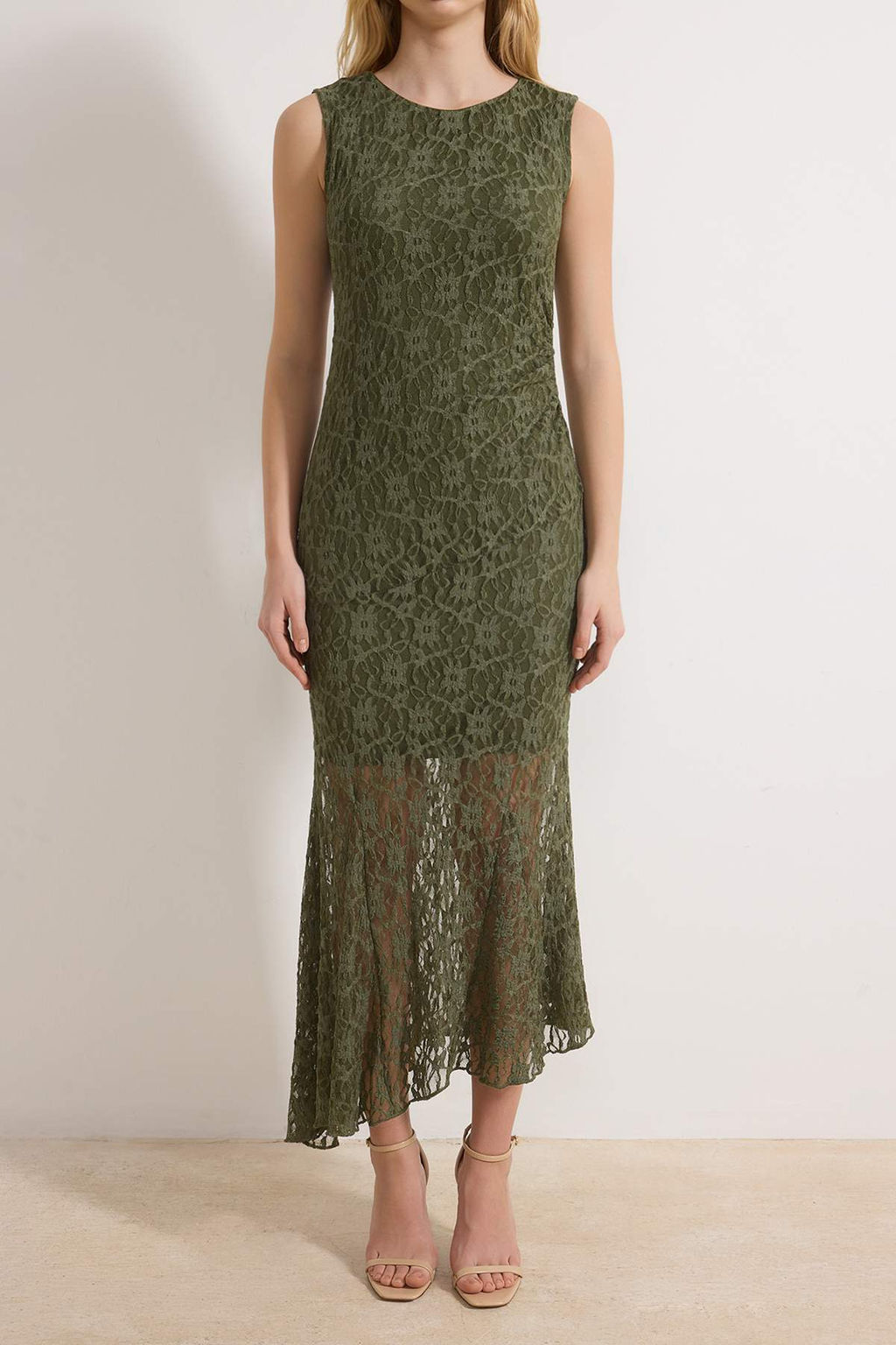 Haki Duz A-line Bisiklet Yaka Kolsuz Maxi Dantel Astarl? Orme Elbise TWOSS26EL00158