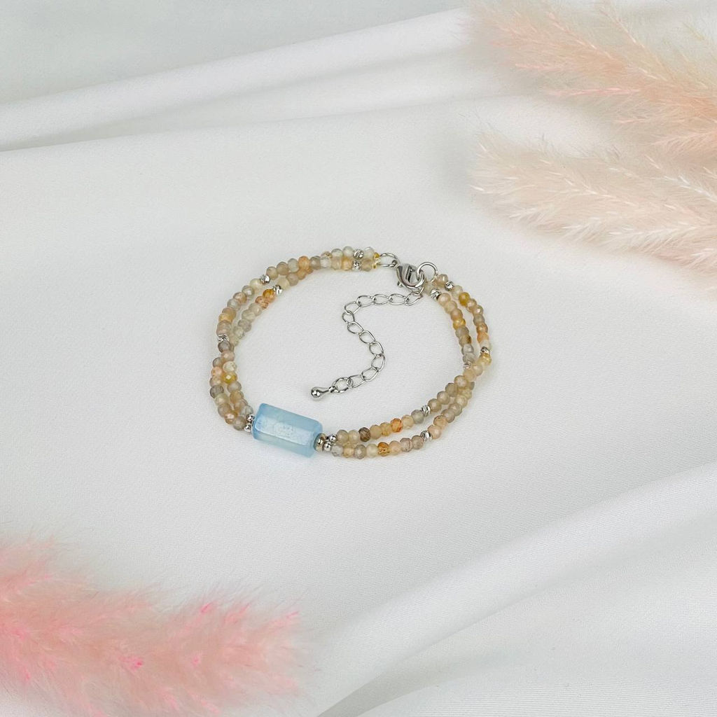 Браслет двойной из Лунного камня и Аквамарина 16 см + - Радуга самоцветов фото 2