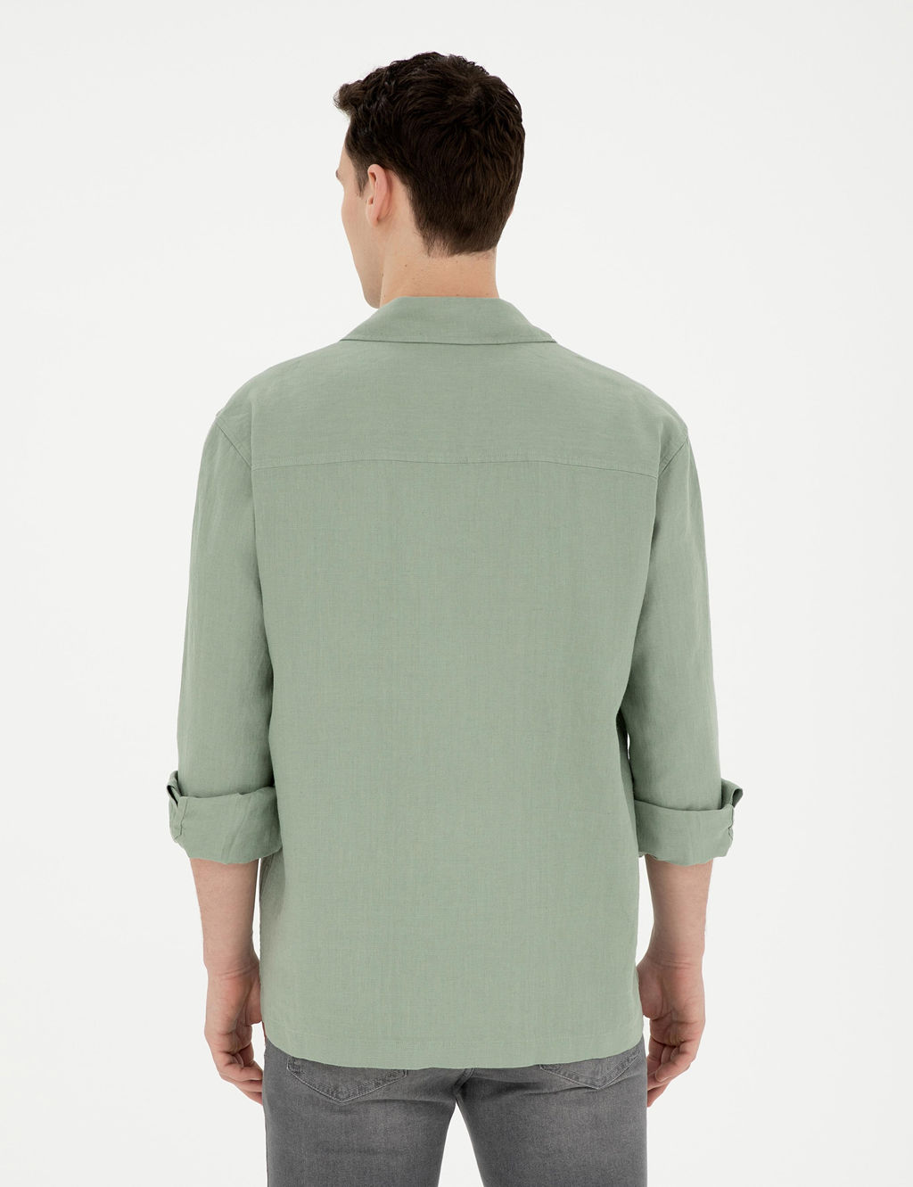Ye_il Keten Comfort Fit Uzun Kollu G_mlek