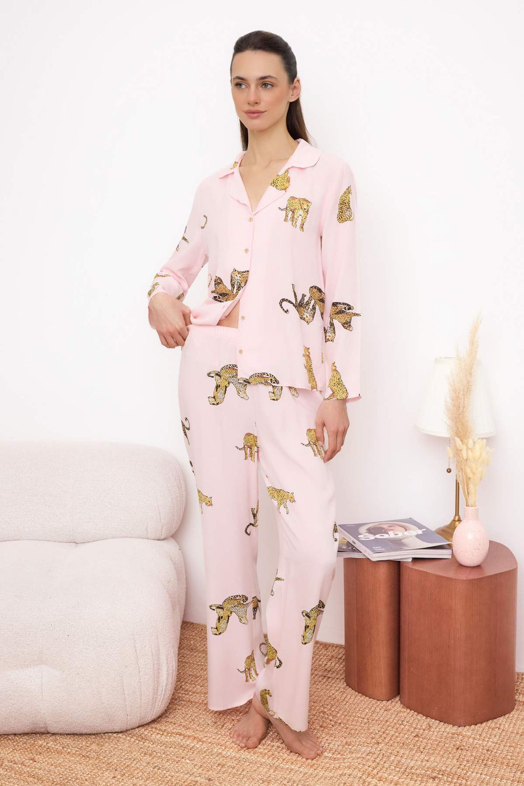 Trendyolmilla Lacivert Kaplan Desenli Viskon Dokuma Pijama Tak?m? THMAW25PT00036  фото 15