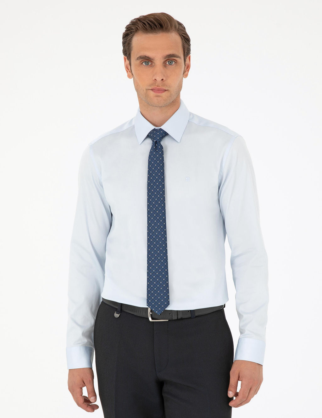 A__k Mavi Slim Fit Uzun Kollu Basic G_mlek