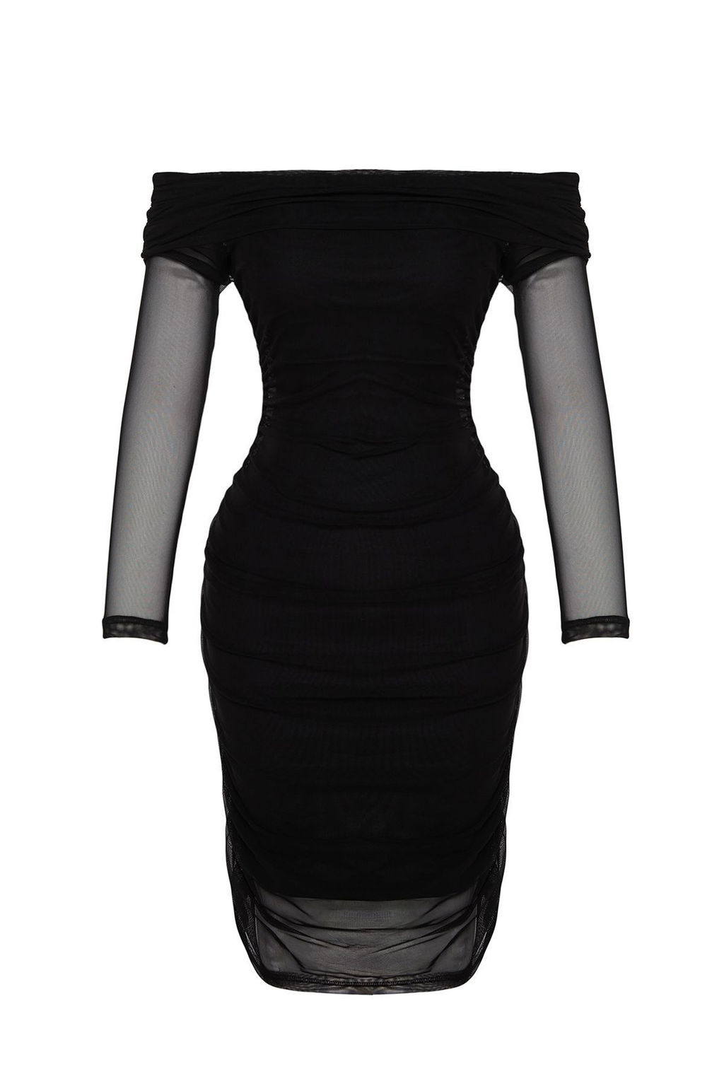 TRENDYOLMILLA Siyah Tul Buzgu/Drape Detayl? Vucuda Oturan Carmen Yaka Midi Orme Kalem Esnek Elbise TWOAW24EL00146 фото 8