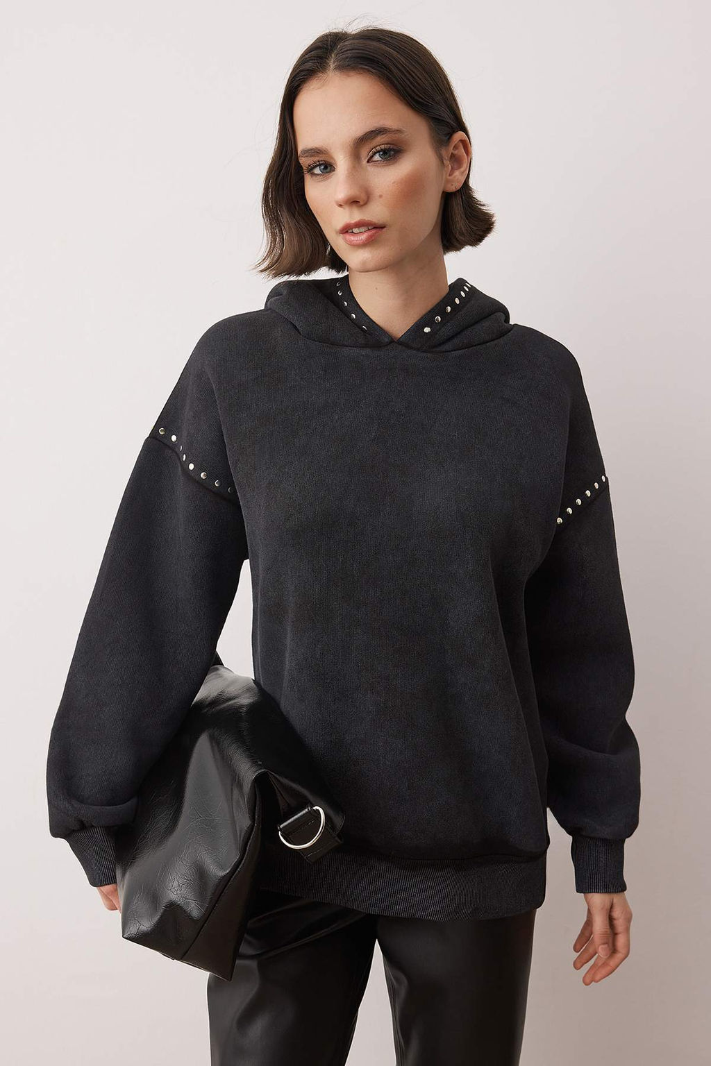 Antrasit Oversize Troklu ve Y?kamal? Kal?n Ici Polarl? Orme Sweatshirt TWOAW26SW00239