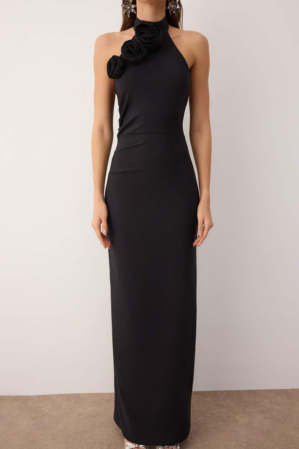 Siyah Gul Detayl? Dokuma Uzun S?k Abiye Gece Mezuniyet Elbisesi TPRSS24AE00011