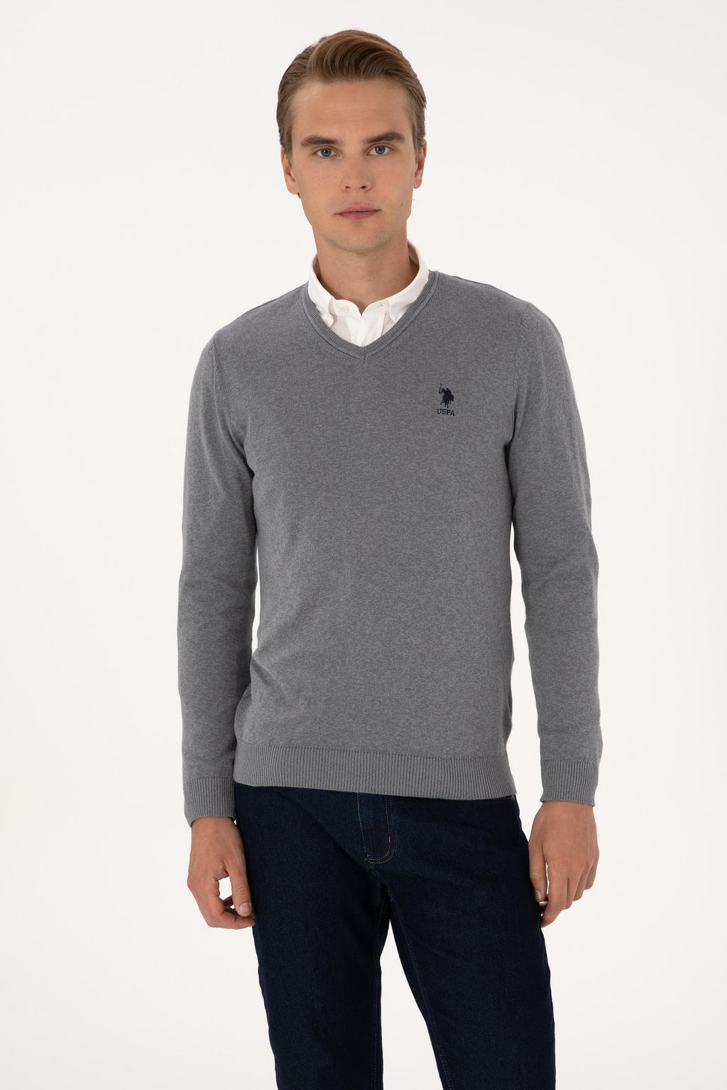 Erkek Slim Fit V Yaka Gri Melanj Basic Kazak