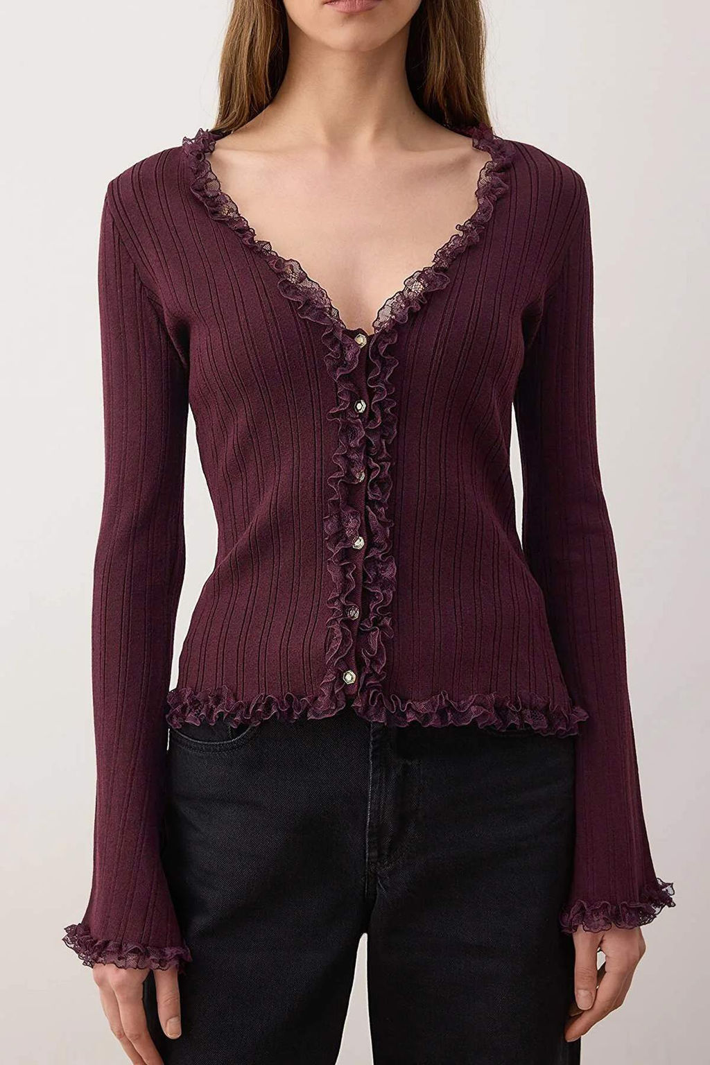 Teen Ekru V Yaka Dantel Garnili Premium/Ozel Iplikli Fitted/Vucuda Oturan Triko H?rka TWOAW26HI00098 - Trendyolmilla фото 14