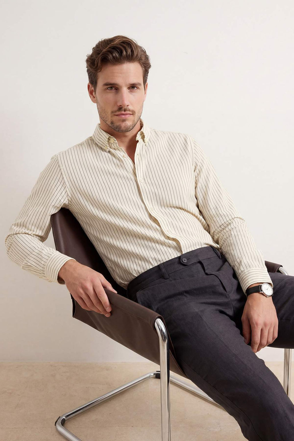 Ekru Slim Fit/Dar Kal?p Erkek Gomlek TMNSS26GO00015 - Trendyolmilla фото 6