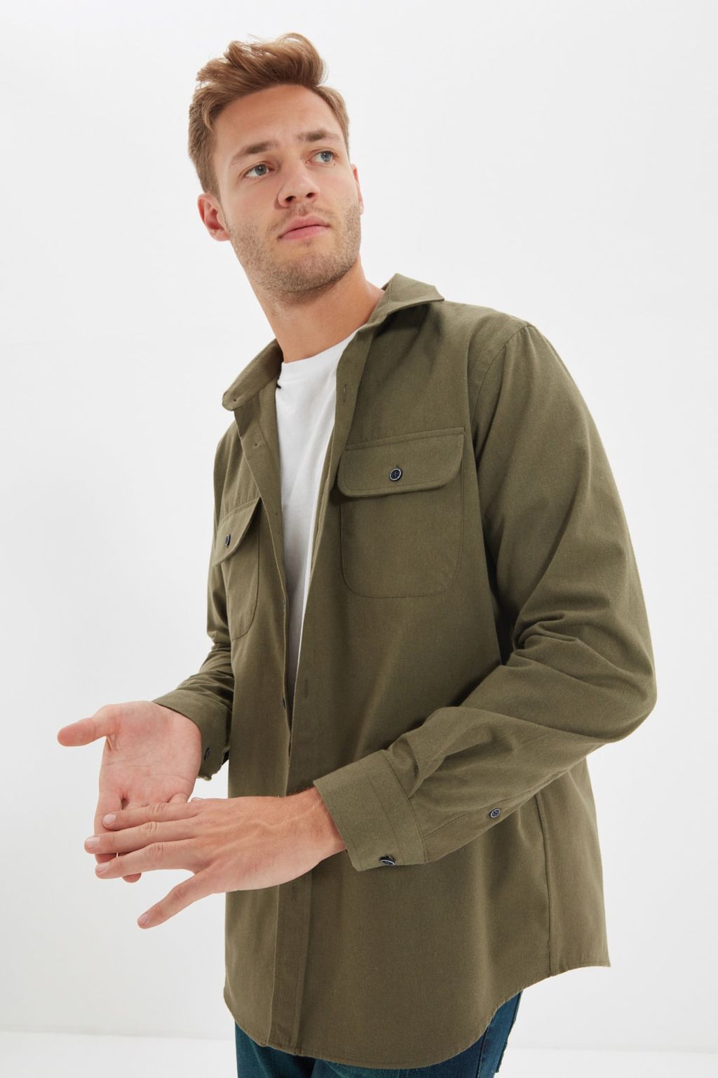 TRENDYOL MAN Haki Regular Fit Cift Cep Kapakl? Dokulu K?sl?k Ceket Gomlek TMNAW22GO0350 - Trendyolmilla фото 10