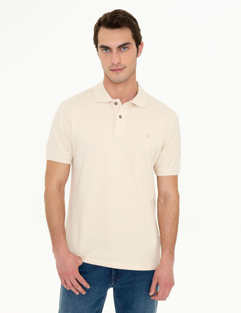 Bej Slim Fit Polo Yaka Basic Ti__rt
