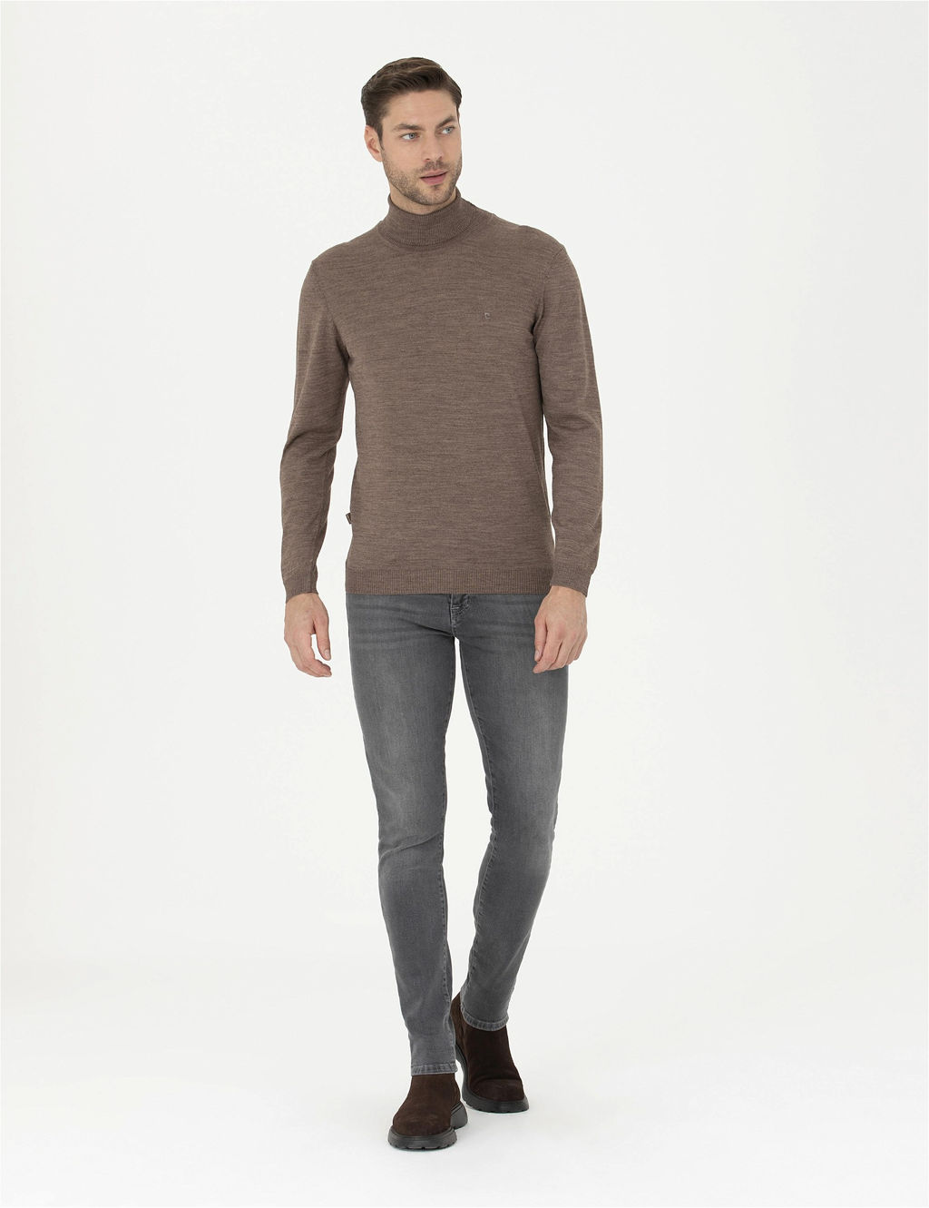 A__k Kahverengi Slim Fit Bal_k__ Yaka Y_n Kar___ml_ Basic Triko Kazak - Pierre cardin фото 4