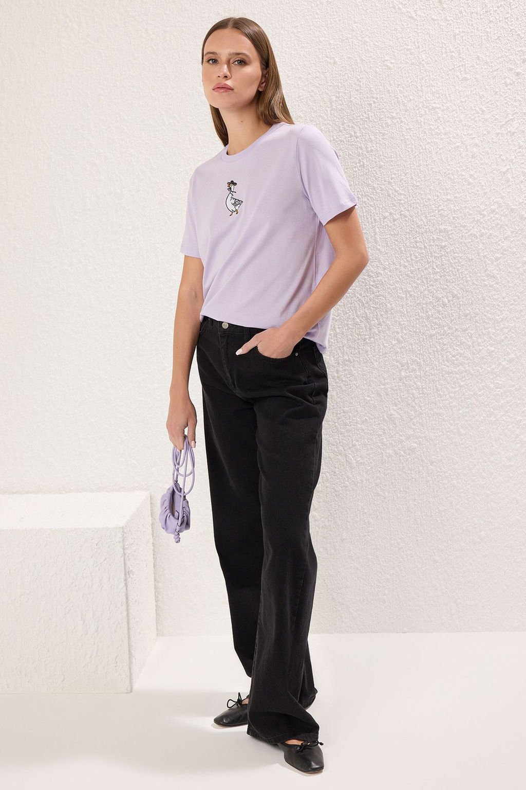 Lila %100 Pamuk Nak?sl? Regular/Normal Kal?p Orme T-Shirt TWOSS24TS00160